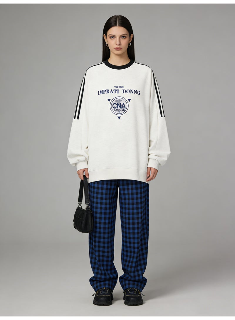 Heather White "IMPRATI DONNG" Vintage Logo Oversized Crew Neck Sweatshirt | Striped Sleeve Pullover With "CNA RAGUSA" Print - Image 2